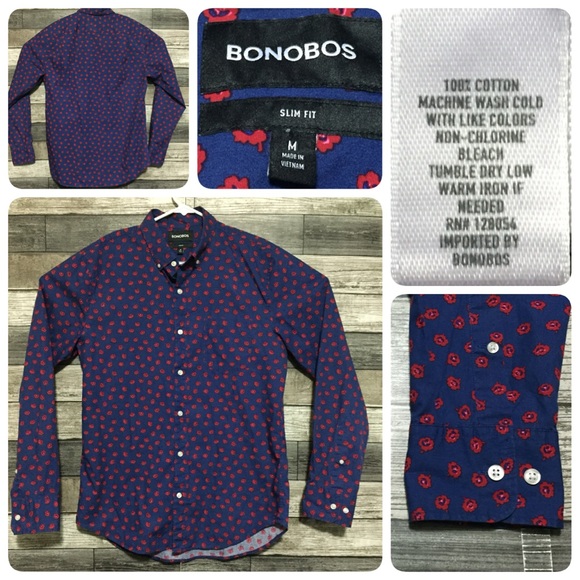 Bonobos slim fit floral button down shirt men’s M blue red 100% cotton - Picture 1 of 9